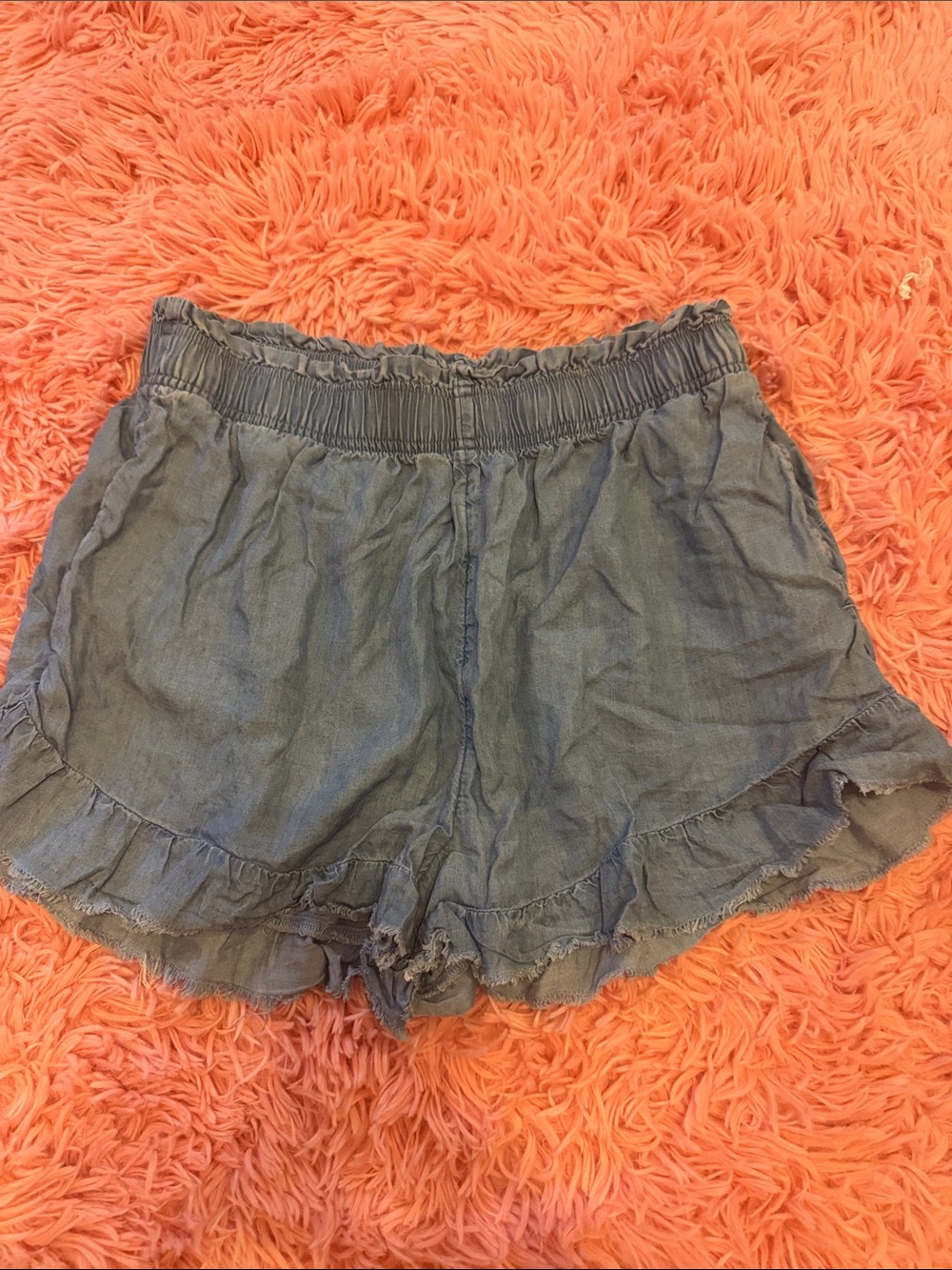 aerie Indigo Ruffle Hem High-Waist Casual Shorts